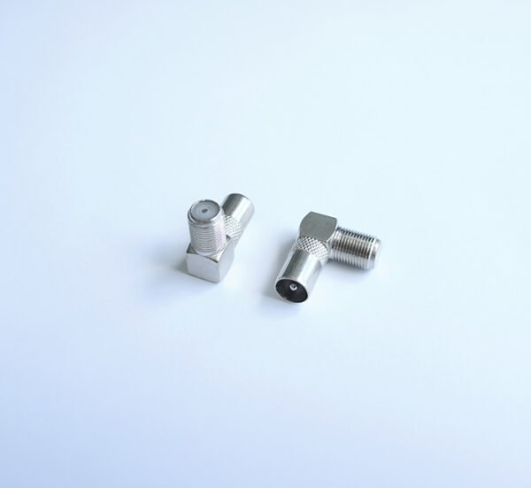 Букса преходна, метална, ъглова, TV антена, RF(м), F-конектор(ж)