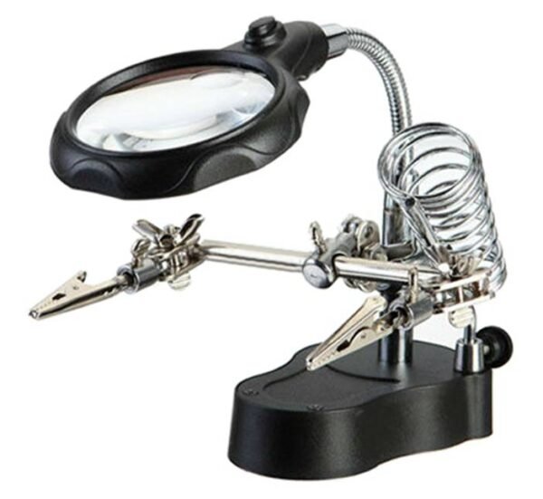 Трета ръка със стойка за поялник, щипки и лупа 65mm