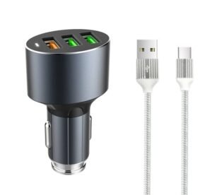 Комплект, автомобилно зарядно LDNIO, бързо зареждане, кабел Type-C, 3xUSB, от 5V до 12V, 3A