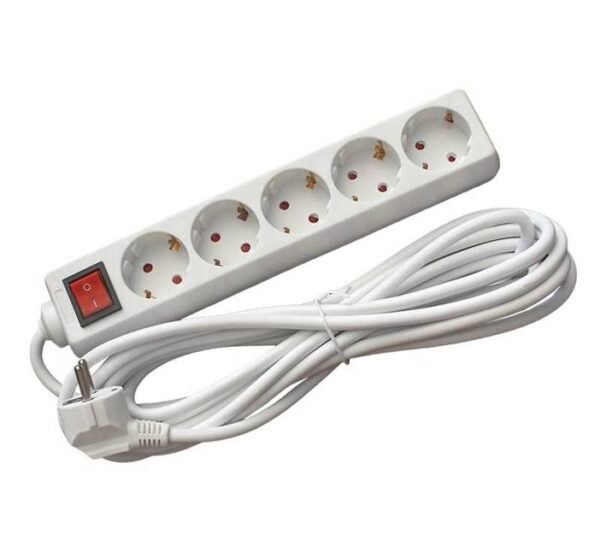 Разклонител C1-H5T, контакт, ключ, 5-ца, бял, 10m, 220VAC, 10A, 3x1,5mm2