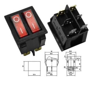Двоен ключ, 6pin, 2х2 положения, светещ, червен, 250VAC, 15A, 28x22mm