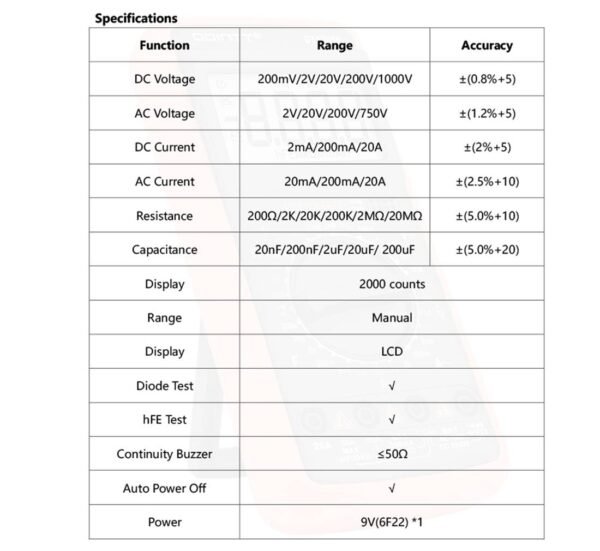 02511-E Мултицет DT-9205A, зумер, VAC, VDC, AAC, ADC, OHM, F