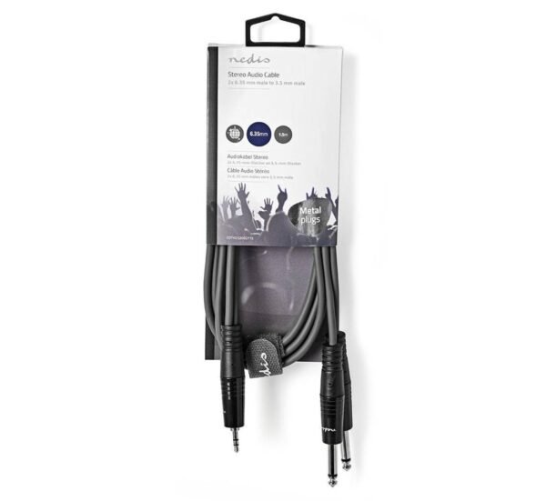 Кабел преходен за микрофон Nedis, професионален, 3,5mm STEREO JACK(м), 2x6,3mm MONO JACK(м), 5m