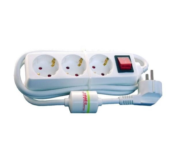 09571-B Разклонител Sono, контакт, защита, ключ, 3-ка, бял, 1,5m, 220VAC, 16A, 3x1,5mm2