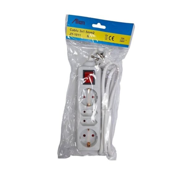 Разклонител JY-1011, контакт, ключ, 4-ка, бял, 10m, 220VAC, 10A, 3x1,5mm2