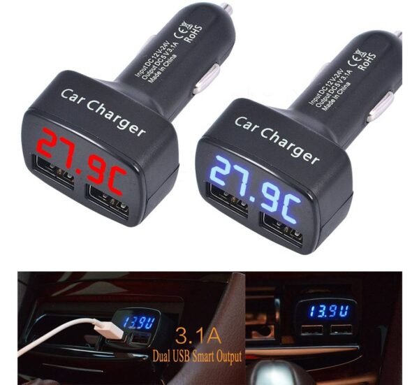 Волтметър 4в1, зарядно, термометър, автомобилна букса(м), 2xUSB, 12VDC, 24VDC