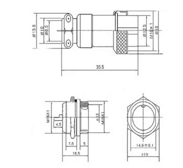 00529-E Букса GX16-5, комплект, метална, 5-ца, м+ж, 48VDC, 240VAC, M16x47mm