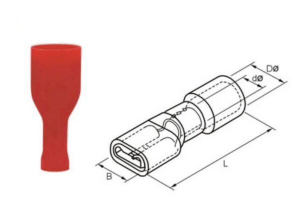Кабелна обувка, женска, цяла изолация, червена, 6,3mm, 1,5mm2