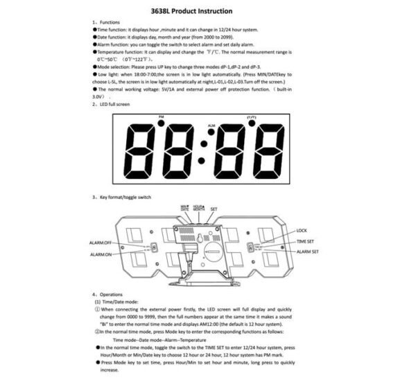 01961-D Настолен 3D LED часовник 3638L, календар, термометър, 0°C до 50°C