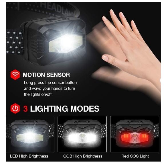 LED фенер Stronglight, влагоустойчив за глава, сензор, акумулаторни батериия, 10W