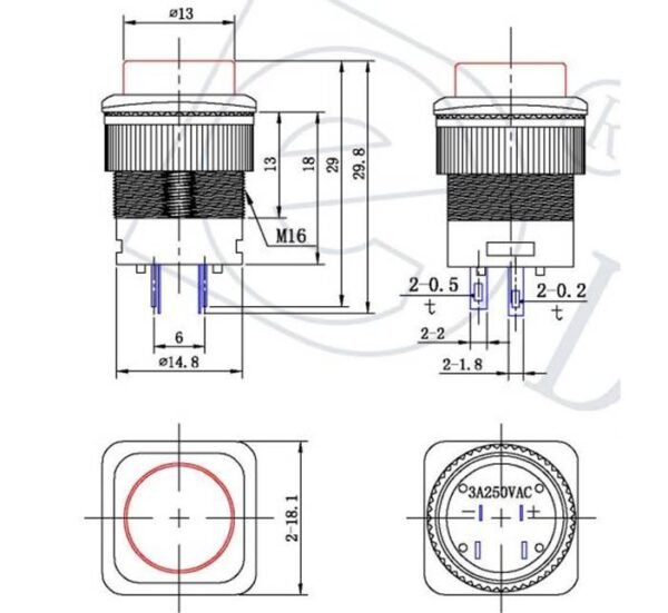 05688-B Бутон, светещ, задържащ, НО, червен, 250V, 3A, Ф16mm