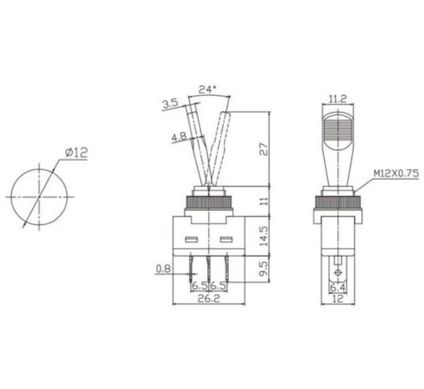 05741-B Ключ с лост, 3pin, 2 положения, черен, 12VDC, 20A, Ф12mm