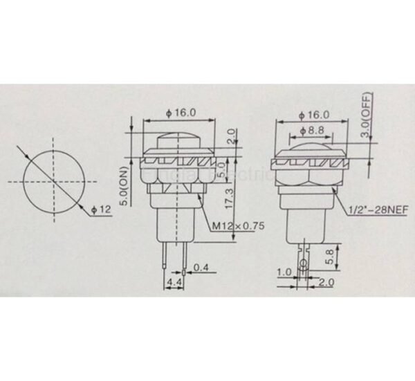 05790-B Бутон DS-428, 2 положения, задържащ, червен, кръгъл, 250VAC, 1,5A, Ф12mm
