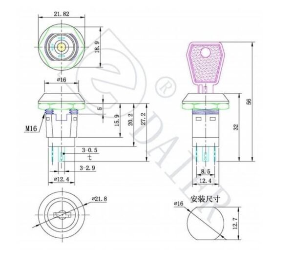 Ключ ротационен 3pin с 2 положения и ключалка 250V 1A Ф16mm