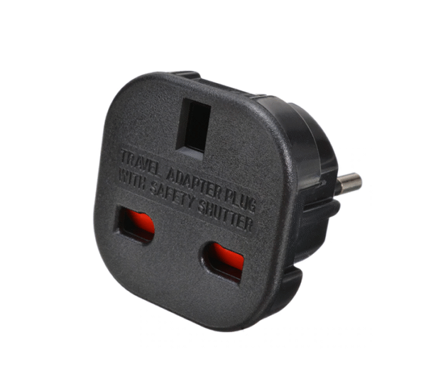 Преходник за български контакт "шуко" от английски щепсел, вход UK, изход EU, къс, черен, 220VAC, 16A