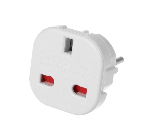 Преходник за български контакт "шуко" от английски щепсел, вход UK, изход EU, къс, бял, 220VAC, 16A
