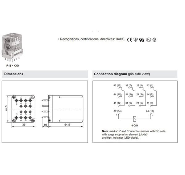 Реле R15-4PDT 24VDC 10A 4 контактни групи 250V