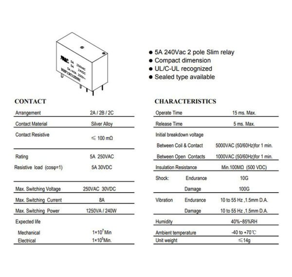 Реле NRP13-C24D 24VDC 5A 2 контактни групи 240V