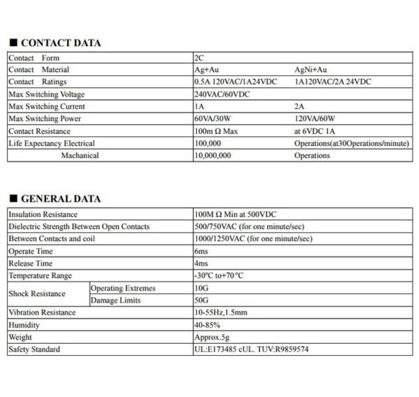 Реле HJR 1-2C 48VDC 2A 2 контактни групи 60V