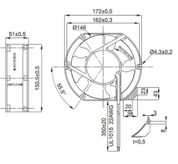 Вентилатор FullTech, метален, аксиален, лагер, 220V, 2P, 0,23A, 172x150x51mm, 288m3/h