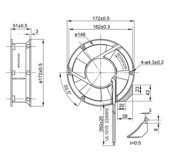 Вентилатор FullTech, метален, аксиален, лагер, 220V, 2P, 0,23A, Ф172x51mm, 289m3/h