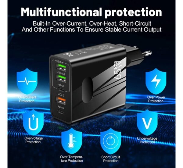 Мрежово зарядно GAN002, бързо зареждане, 3xUSB, 2xType-c, от 5V до 12V, 65W