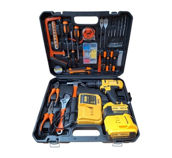 Винтоверт Kraft Royal, акумулаторен, ударен, 111 части, жълт, 36VDC, 8Ah, 42Nm, к-т