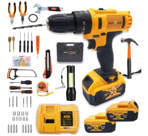 Винтоверт Kraft Royal, акумулаторен, ударен, 111 части, жълт, 36VDC, 8Ah, 42Nm, к-т
