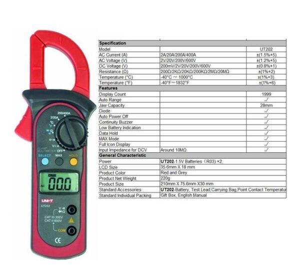29265-C Амперклещи със зумер UT-202, VAC, VDC, AAC, OHM, °C