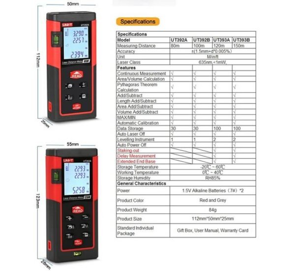 29290-C Лазерен дистанциометър UT-392B за измерване на разстояние, площ или обем 100m