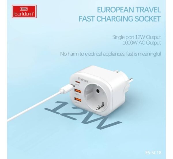 Разклонител за контакт ES-SC18, шуко, 2xUSB, 1xType-C, без кабел, бял, 220VAC, 4000W