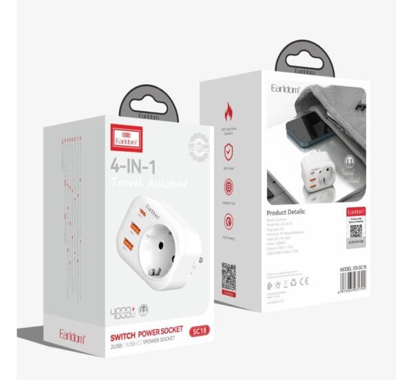 Разклонител за контакт ES-SC18, шуко, 2xUSB, 1xType-C, без кабел, бял, 220VAC, 4000W