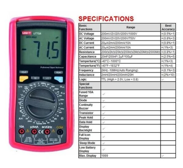 Мултицет с термосонда и зумер UT-70A VAC/VDC | AAC/ADC | OHM | F | °C | Hz