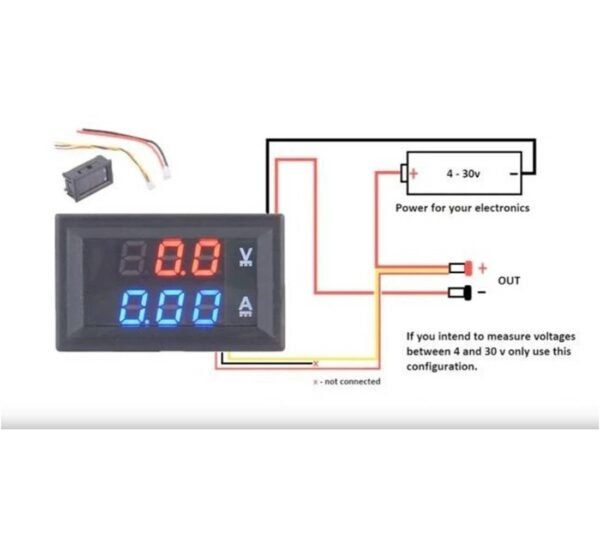 02525-E Волтметър/амперметър, за вграждане в панел, 3,2VDC до 30VDC, 45x26mm