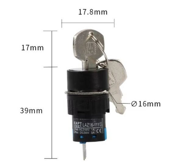 Ключ LA16, ротационен, 3pin, 2 положения, ключалка, 250VAC, 3A, Ф16mm, SPST