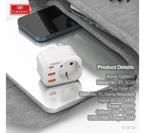 Разклонител за контакт ES-SC18, шуко, 2xUSB, 1xType-C, без кабел, бял, 220VAC, 4000W