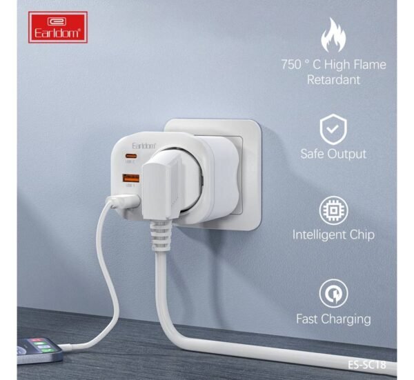 Разклонител за контакт ES-SC18, шуко, 2xUSB, 1xType-C, без кабел, бял, 220VAC, 4000W